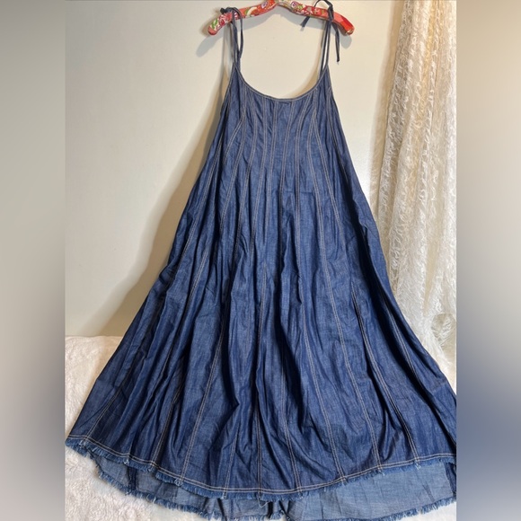 Free People Denim Dreams Denim Chambray Tie Shoulder Seamed Midi Dress XL - Picture 6 of 9